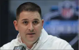  ?? MICHAEL CONROY ?? New York Giants head coach Joe Judge speaks during a press conference at the NFL football scouting combine in Indianapol­is. The NFL Draft is April 23-25, 2020.