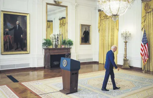  ??  ?? U.S. President Joe Biden departs after delivering remarks on Russia in the East Room at the White House in Washington, D.C., U.S., April 15, 2021.