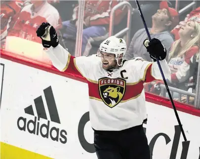  ?? ALEX BRANDON AP ?? The Panthers’ Aleksander Barkov celebrates his goal 14:17 into the third period Friday night in Washington. The goal gave Florida a 3-2 lead that lasted only minutes. But the Panthers regrouped to win in the third minute of overtime when Carter Verhaeghe scored.