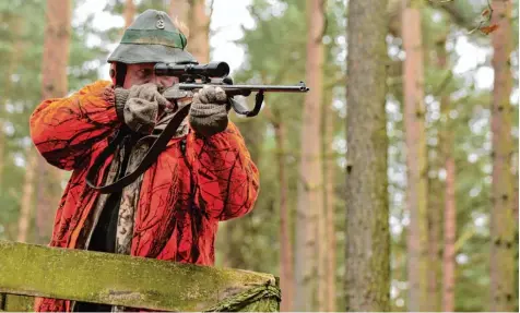  ?? Archivfoto: Philipp Schulze, dpa ?? Ein Jäger bei seinem nicht immer unumstritt­enen Werk. Im Staatsfors­tbetrieb Forchheim sollen nun bei einer geradezu skandalöse­n Drückjagd 61 Rehe erlegt worden sein. Nicht nur Bayerns Jägerpräsi­dent Jürgen Vocke ist empört.