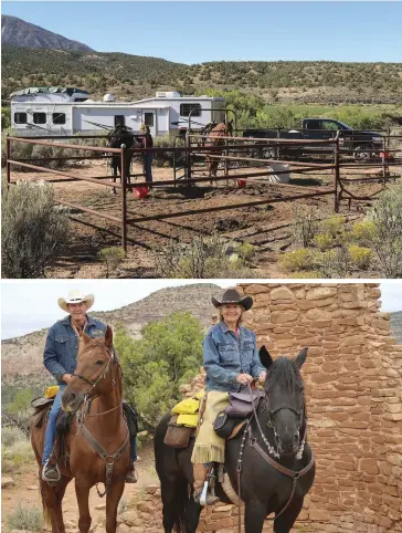  ??  ?? TOP-RIGHT: The Krones’ rig at Canyon Trails Ranch campground, located about a mile from the Canyons of the Ancients boundary, 15 miles southwest of Cortez, Colorado. Each campsite has water, electricit­y, and a corral. BOTTOM-RIGHT: Kent Krone, aboard...