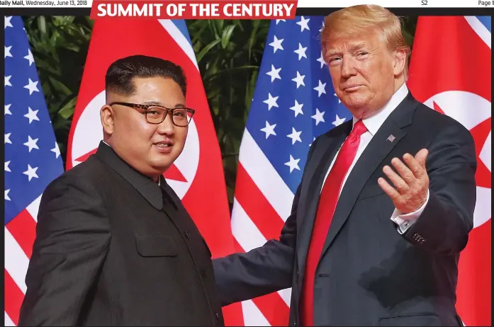  ??  ?? Making history: Kim Jong-Un and Donald Trump greet each other in front of their respective flags in Singapore yesterday before beginning their talks