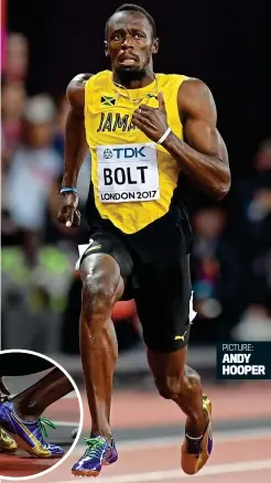  ?? PICTURE: ANDY HOOPER ?? Purple reign: Bolt won his heat in purple and gold shoes