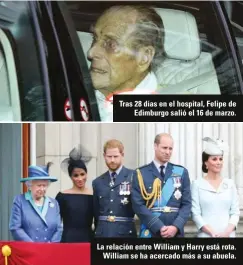  ??  ?? Tras 28 días en el hospital, Felipe de Edimburgo salió el 16 de marzo.
La relación entre William y Harry está rota. William se ha acercado más a su abuela.