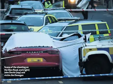  ??  ?? Scene of the shooting on the Glen Road, and (right) John Devitt (top) and victim Jim Donegan