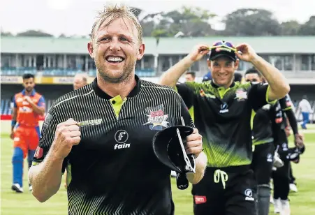  ?? Picture: MICHAEL SHEEHAN/GALLO IMAGES ?? OVER THE MOON: Andrew Birch, of the Warriors, shows his excitement after his side beat the Cobras in their Ram Slam T20 Challenge match at Buffalo Park, East London, yesterday