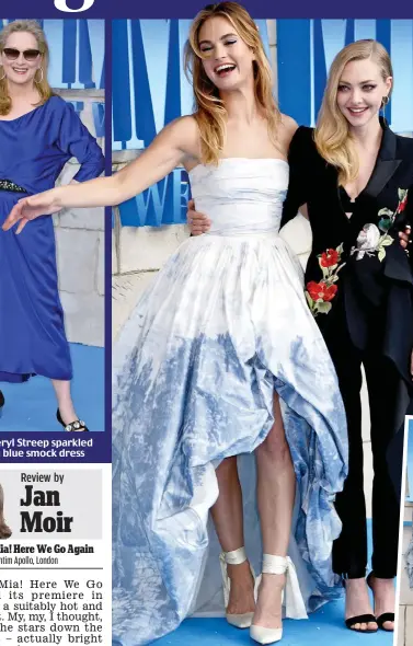  ??  ?? Style queens: Lily James in a strapless Oscar de la Renta gown and Louboutin shoes with Amanda Seyfried in an asymmetric Alexander McQueen two-piece suit