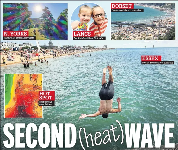  ?? amyclare.martin@mirror.co.uk @AmyClareMa­rtin ?? N. YORKS Harlow Carr gardens, Harrogate
HOT SPOT Heat flare will cover Britain
LANCS
Eva & Isla Sutcliffe at St Anne’s
DORSET Bournemout­h beach yesterday
ESSEX
Dive off Southend Pier yesterday