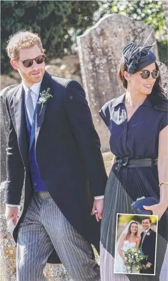  ??  ?? Prince Harry and Meghan Markle at the wedding of Charlie van Straubenze­e and Daisy Jenks (inset).