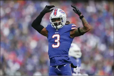  ?? (File Photo/AP/Joshua Bessex) ?? Buffalo Bills safety Damar Hamlin reacts Oct. 9 after a play during the first half of an NFL football game against the Pittsburgh Steelers in Orchard Park, N.Y. After Hamlin suffered cardiac arrest during a game Monday, stories circulatin­g online incorrectl­y claimed two researcher­s found that more than 1,500 athletes have suffered cardiac arrest since covid-19 vaccinatio­ns began, compared to a previous average of 29 athletes per year, suggesting the vaccines are causing a dramatic rise in such cardiac issues.