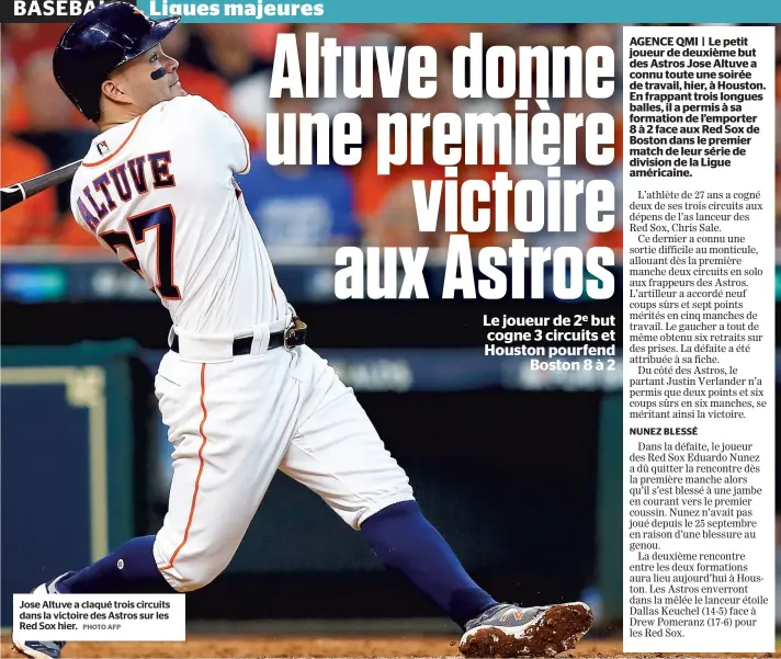  ?? PHOTO AFP ?? Jose Altuve a claqué trois circuits dans la victoire des Astros sur les Red Sox hier.