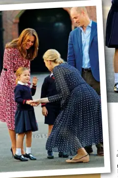  ??  ?? TOP RIGHT: The Duke and Duchess of Cambridge arrive at Thomas’s Battersea with Princess Charlotte and Prince George. ABOVE: Charlotte is greeted by the head of the lower school, Helen Haslem.