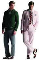  ??  ?? Left, Brooks Brother’s green shawl-collar cardigan, $168; grey cotton twill trousers, $328; spectator penny shoe: $655. Right, Brooks Brother’s pink striped linen jacket, $765; trousers, $328; burgundy and pink BB4 stripe tie, $108; spectator wing-tip...