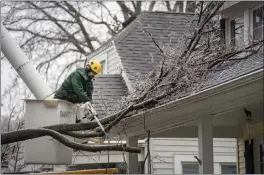  ?? MANDI WRIGHT – THE ASSOCIATED PRESS ?? A crew from Davey Tree cuts a large tree branch back from a residentia­l home and sidewalk on Woodward Heights in Pleasant Ridge, Mich., on Thursday.