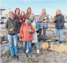  ?? FOTO: SPD TROSSINGEN ?? Mit roten Rosen gratuliert der SPD-Ortsverein­svorsitzen­de Kayfedjian den Frauen zum Internatio­nalen Frauentag, der auf den gleichen Tag wie der Besuch im Schaugarte­n fiel.