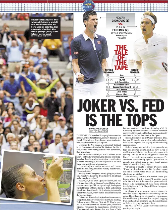  ?? PHOTOS BY AP AND GETTY ?? Flavia Pennetta rejoices after winning U.S. Open in straight sets over fellow Italian Roberta Vinci on Saturday, then appears to effectivel­y kiss tennis goodbye (inset) as she talks of leaving sport.