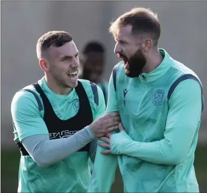  ?? ?? Connor Shields and Kevin van Veen share a joke in training for Motherwell ahead of the game against Dundee today
