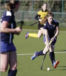  ??  ?? Charlotte Carney of Bray Hockey Club strides forward against Pembroke on Sunday.