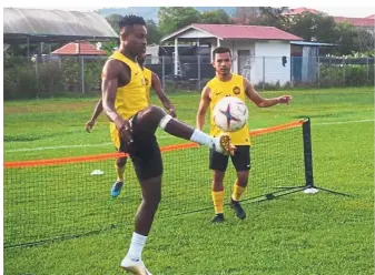  ??  ?? On road to recovery: National player Mohamadou Sumareh going through the paces with other teammates during the national team training.