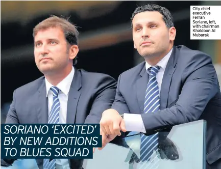  ??  ?? City chief executive Ferran Soriano, left, with chairman Khaldoon Al Mubarak