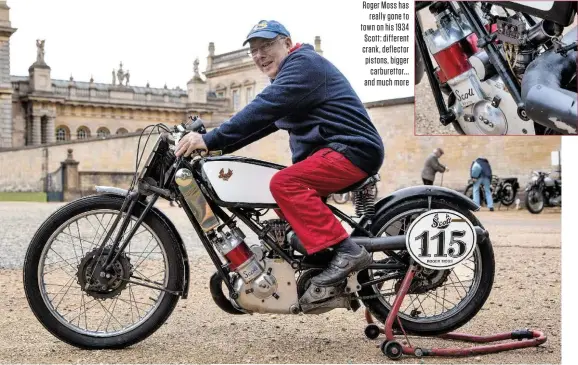  ??  ?? Roger Moss has really gone to town on his 1934 Scott: different crank, deflector pistons, bigger carburetto­r... and much more