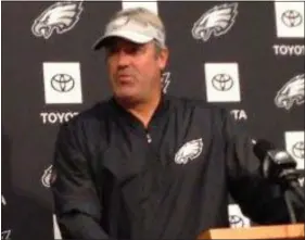  ??  ?? Doug Pederson answers questions from media Sunday. The Eagles coach got testy about a report that said the Birds will start Nick Foles, not Carson Wentz, in the opener Thursday night against the Falcons.