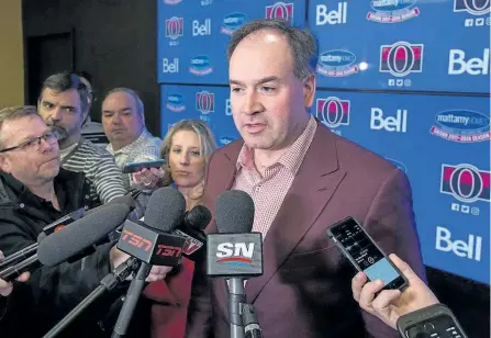  ?? WAYNE CUDDINGTON/POSTMEDIA NETWORK ?? Ottawa Senators general manager Pierre Dorion talks to the media the day after he traded Dion Phaneuf to the LA Kings.