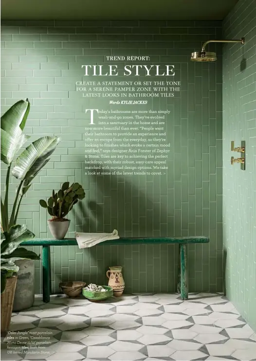  ??  ?? ‘Oska Jungle’ matt porcelain tiles in Green, ‘Casablanca Mono Decor 11/12’ porcelain hexagon tiles, both from UK-based Mandarin Stone.