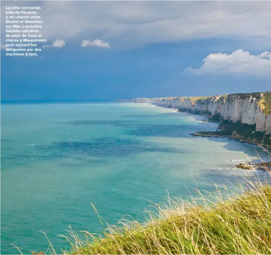  ??  ?? La côte normande, près de Fécamp, à mi-chemin entre Etretat et Veulettess­ur-Mer. Les belles falaises calcaires du pays de Caux si chères à Maupassant sont aujourd’hui défigurées par des machines à vent.