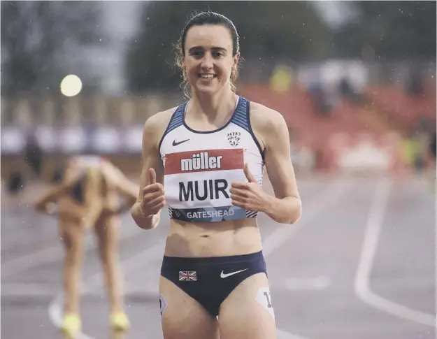  ??  ?? 0 Thumbs-up from Laura Muir after winning the women’s 1500m in the Diamond League at Gateshead last night. Muir finished four seconds ahead of the field