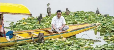  ?? Associated­press ?? A Kashmiri man fishes at the Dal Lake in Srinagar on Sunday.