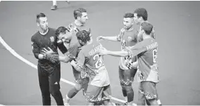  ?? ALGERINA PERNA/BALTIMORE SUN ?? William Vanzela, left, who had 13 saves, and his teammates celebrate after the Blast’s second goal against the expansion Mississaug­a MetroStars. Nine Blast players had points.