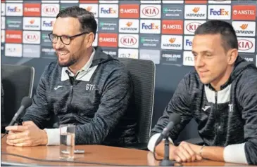  ??  ?? José Bordalás y Nemanja Maksimovic, durante una rueda de prensa.