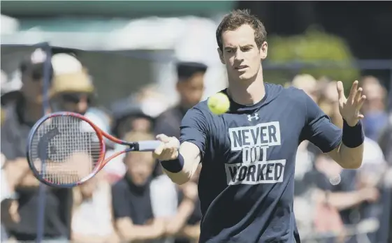  ??  ?? 2 Andy Murray practises at Eastbourne ahead of today’s second-round match with Kyle Edmund. A year ago Murray was the world No 1 and Edmund was No 48. Now the Englishman is No 18 while Murray is No 156.