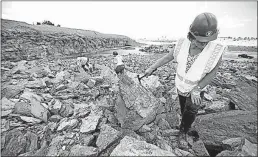  ?? [DISPATCH FILE PHOTO] ?? Connie Mielke searches for fossils at the LaFarge Paulding Quarry in Dayton, along with David Mielke, left, and University of Dayton geology professor Michael Sandy.