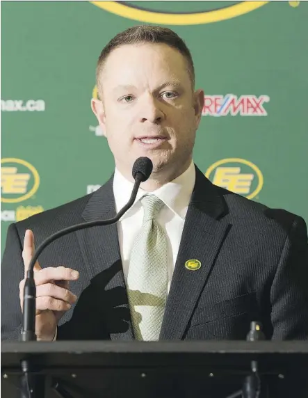  ?? PHOTOS; GREG SOUTHAM ?? New Eskimos general manager Brock Sunderland meets with the media at Commonweal­th Stadium on Tuesday. “First and foremost, my job as general manager is to win,” says Sunderland.