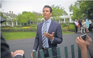  ?? SHAWN THEW, EUROPEAN PRESSPHOTO AGENCY ?? Donald Trump Jr. talks to reporters during the White House Easter Egg Roll on April 17, 2017.