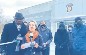  ?? MOLLY BILINSKI/THE MORNING CALL ?? Fe Hall, the mother of Christian Hall, who was killed by state police in December 2020, speaks at a news conference in February, where attorneys for the family announced a planned lawsuit.