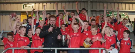  ??  ?? Danny Fitzhenry of Ballindagg­in collects the silverware from Jim Dempsey of the Rackard League.