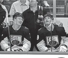  ?? MARTA LAVANDIER/AP ?? Brady Tkachuk of the Ottawa Senators, left, and Matthew Tkachuk of the Florida Panthers look on during last season’s NHL All-Star game.