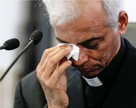  ?? AP ?? Father Tom Uzhunnalil pauses yesterday in Rome as he tells of his 18 months as a captive of militants in Yemen