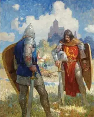  ??  ?? N.C. Wyeth (1882-1945), “I am Sir Launcelot du Lake, King Ban’s son of Benwick, and knight of the Round Table”, The Boy’s King Arthur: Sir Thomas Malory’s History of King Arthur and His Knights of the Round Table, interior book illustrati­on, 1917. Oil on canvas, 39¼ x 31¼ in., signed lower right: ‘Wyeth’. Estimate: $800/1,200,000 SOLD: $615,000