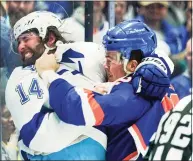  ?? Frank Franklin II / Associated Press ?? The Islanders’ Ross Johnston, right, punches the Lightning’s Pat Maroon during the first period Sunday.