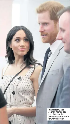  ??  ?? Prince Harry and Meghan Markle at a reception for the Commonweal­th Youth Forum yesterday