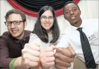  ?? PICTURE: ZANELE ZULU ?? Fist bumps were the order of the day for Dimitrije Mamontov, Shannon Bennetts and Lungelo Mbatha this week. The three were some of the big winners at UKZN’s annual scholarshi­p awards ceremony this year.