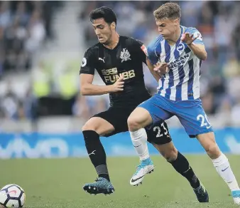  ??  ?? Mikel Merino (right) battles against Brighton’s Solly March earlier in the season.