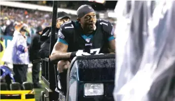  ?? AP ?? Eagles receiver Alshon Jeffery leaves the field on a cart after suffering a foot injury Monday against the Giants.