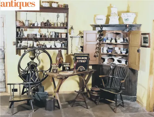  ??  ?? NO MOD CONS: A corner of Annie’s kitchen at Wenderton showing some of the objects in the auction; inset below, Annie Marchant.