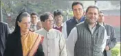  ?? MOHD ZAKIR/HT PHOTO ?? ■ Congress president Rahul Gandhi, parliament­ary party chairperso­n Sonia Gandhi, and other leaders arrive for the steering committee meeting in New Delhi on Saturday.