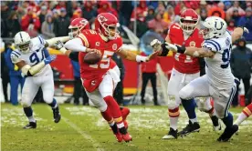  ??  ?? Kansas City’s Patrick Mahomes delivered a gem in his playoff debut, leading the Chiefs into the AFC championsh­ip game. Photograph: Jay Biggerstaf­f/USA Today Sports